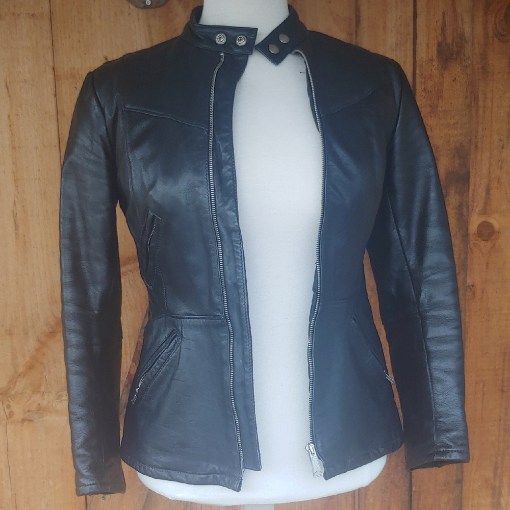 Women’s Black Leather Zip-Front Jacket